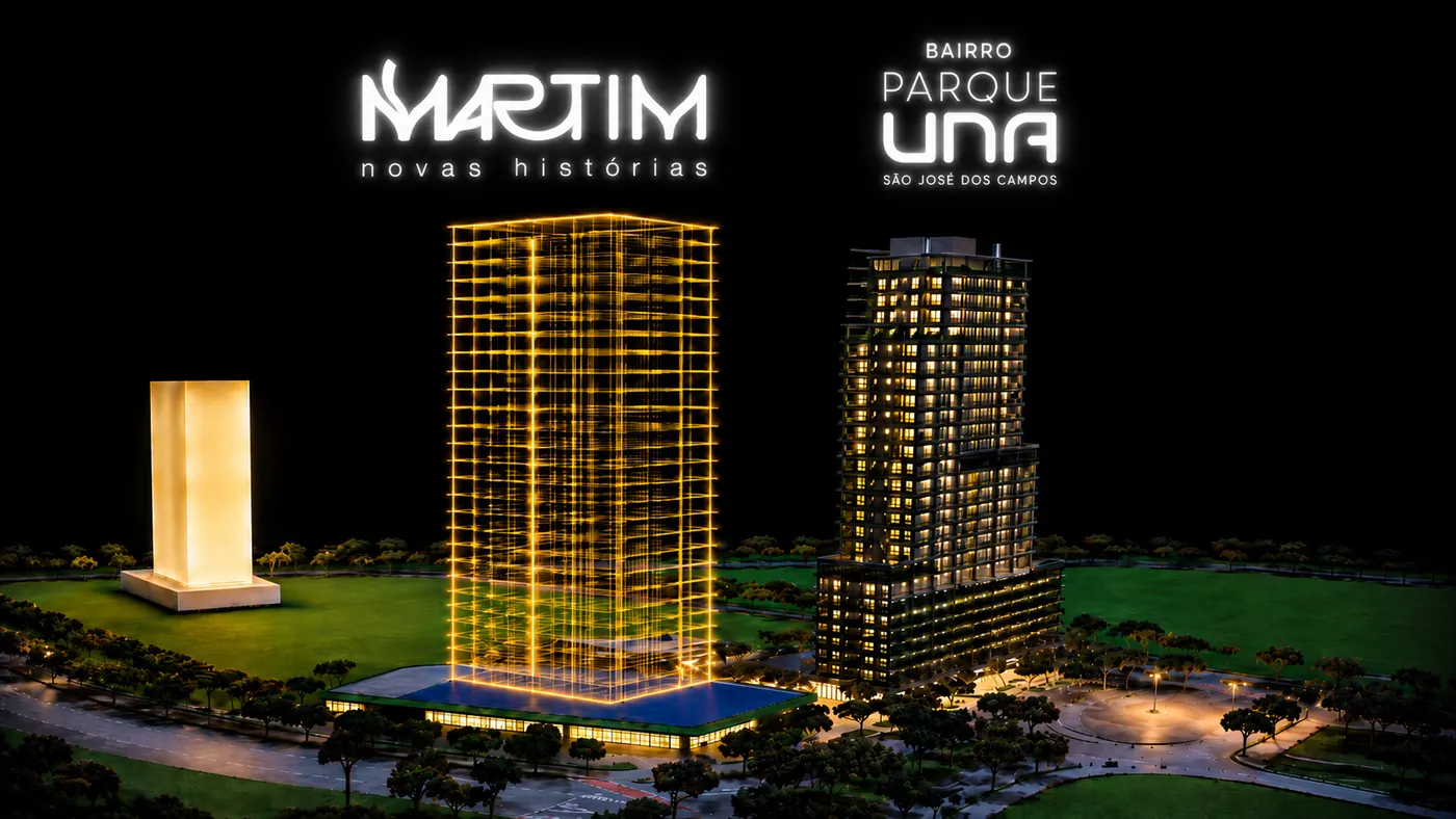 Maquete física do Edifício Martim no Parque Una, com wireframe dourado sobre o terreno onde a torre será construída