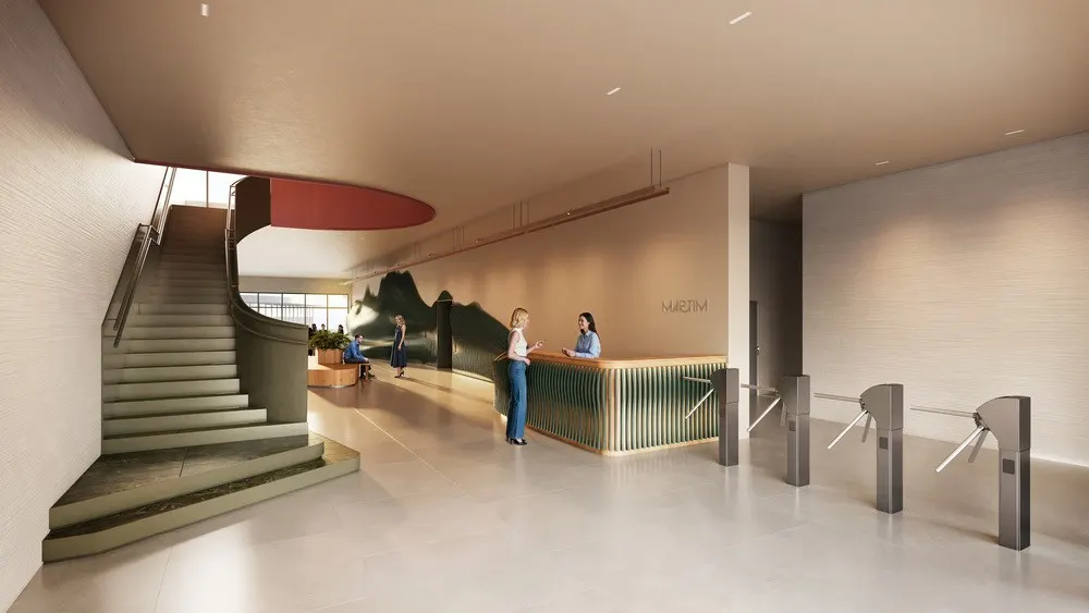 Hall de entrada com catracas e recepção